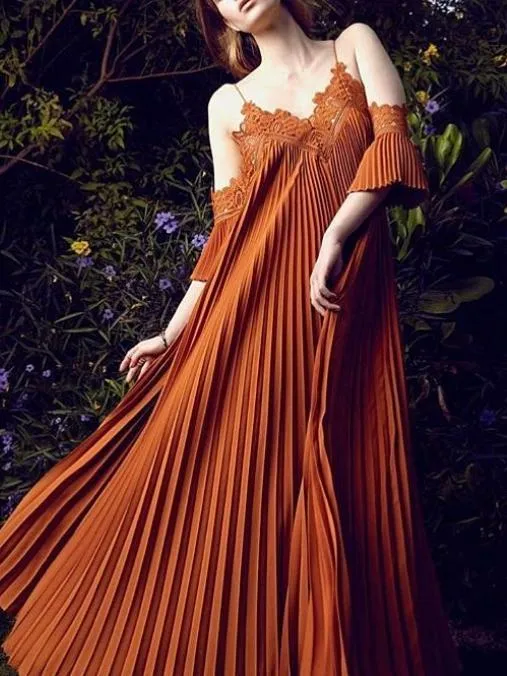 Summer Spaghetti Strap Pleated Cold Shoulder Maxi Dress