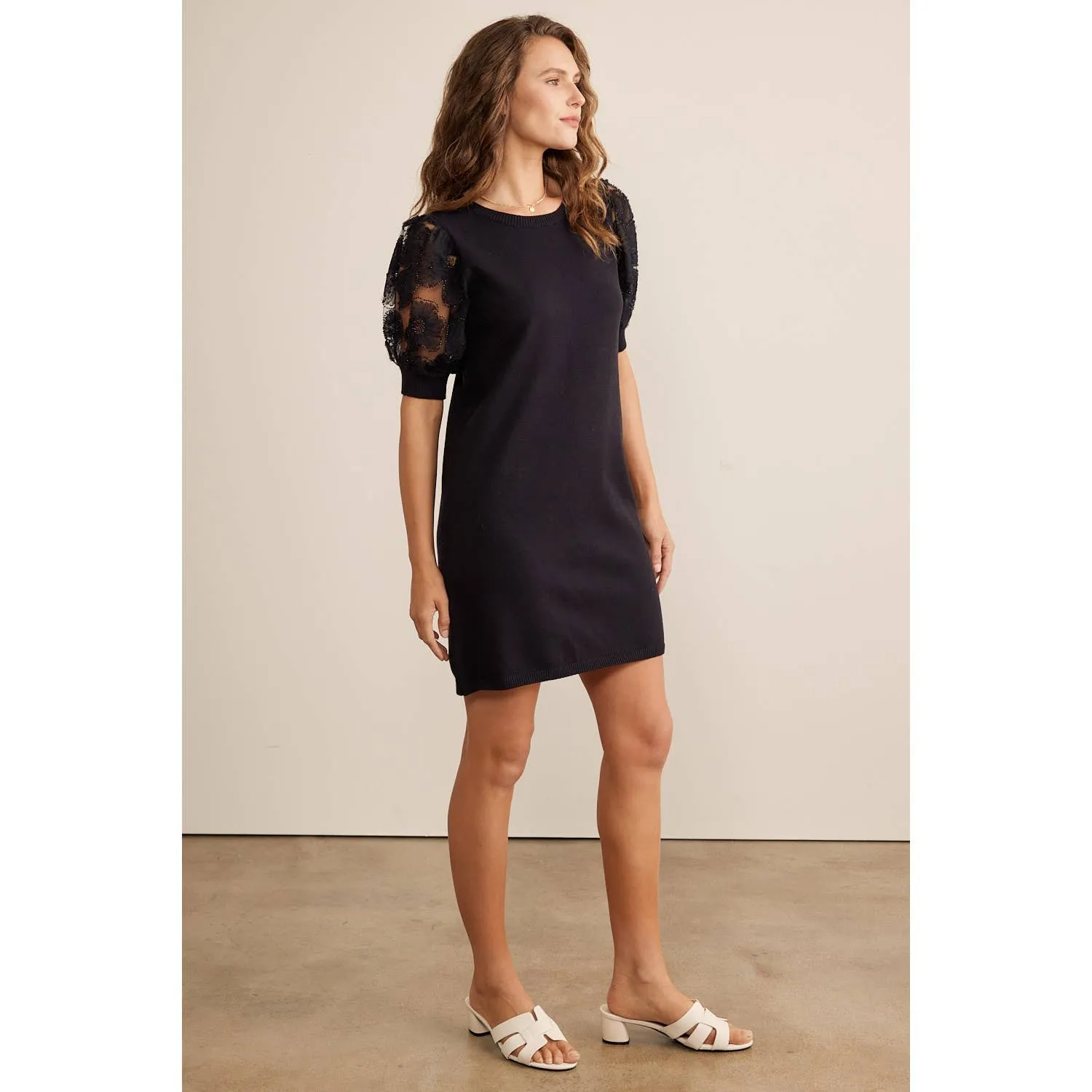 Super Soft Mini Sweater Dress With Sheer Floral Mesh Sleeves