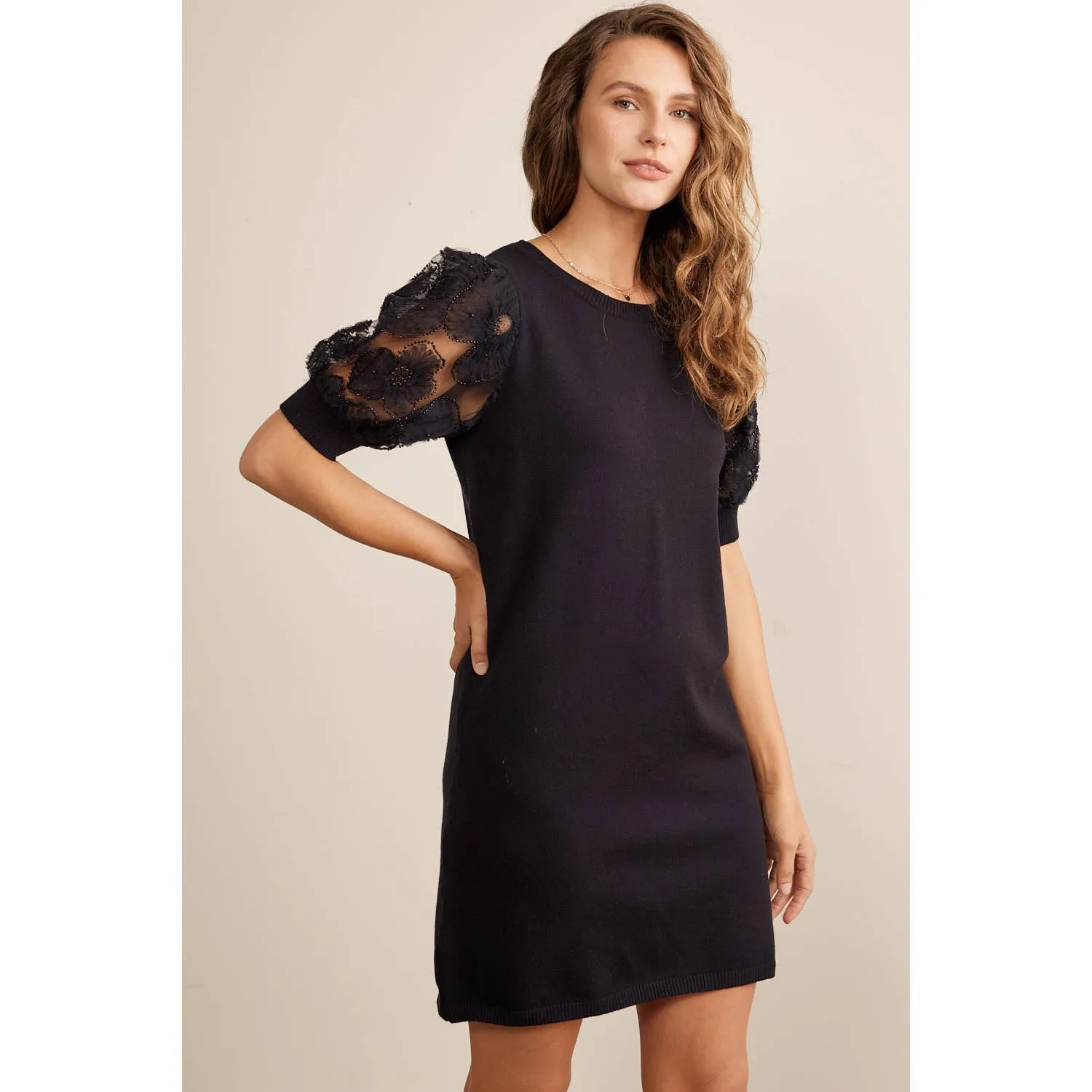 Super Soft Mini Sweater Dress With Sheer Floral Mesh Sleeves