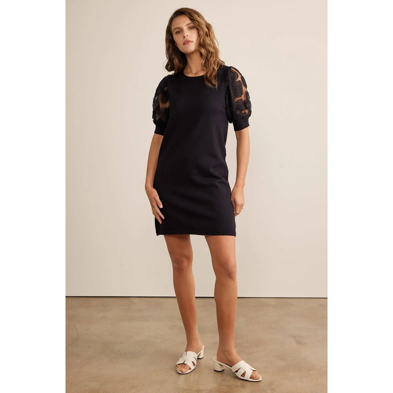 Super Soft Mini Sweater Dress With Sheer Floral Mesh Sleeves