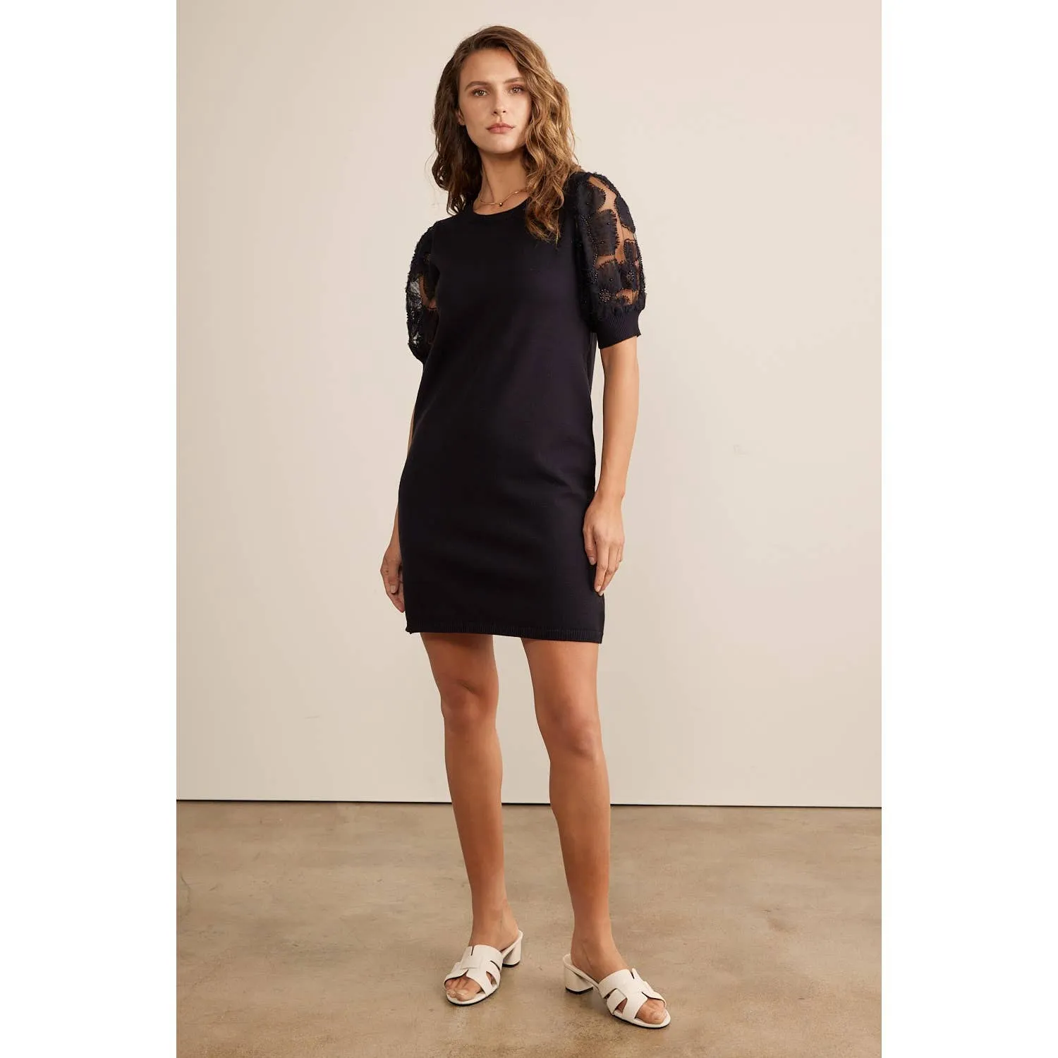 Super Soft Mini Sweater Dress With Sheer Floral Mesh Sleeves