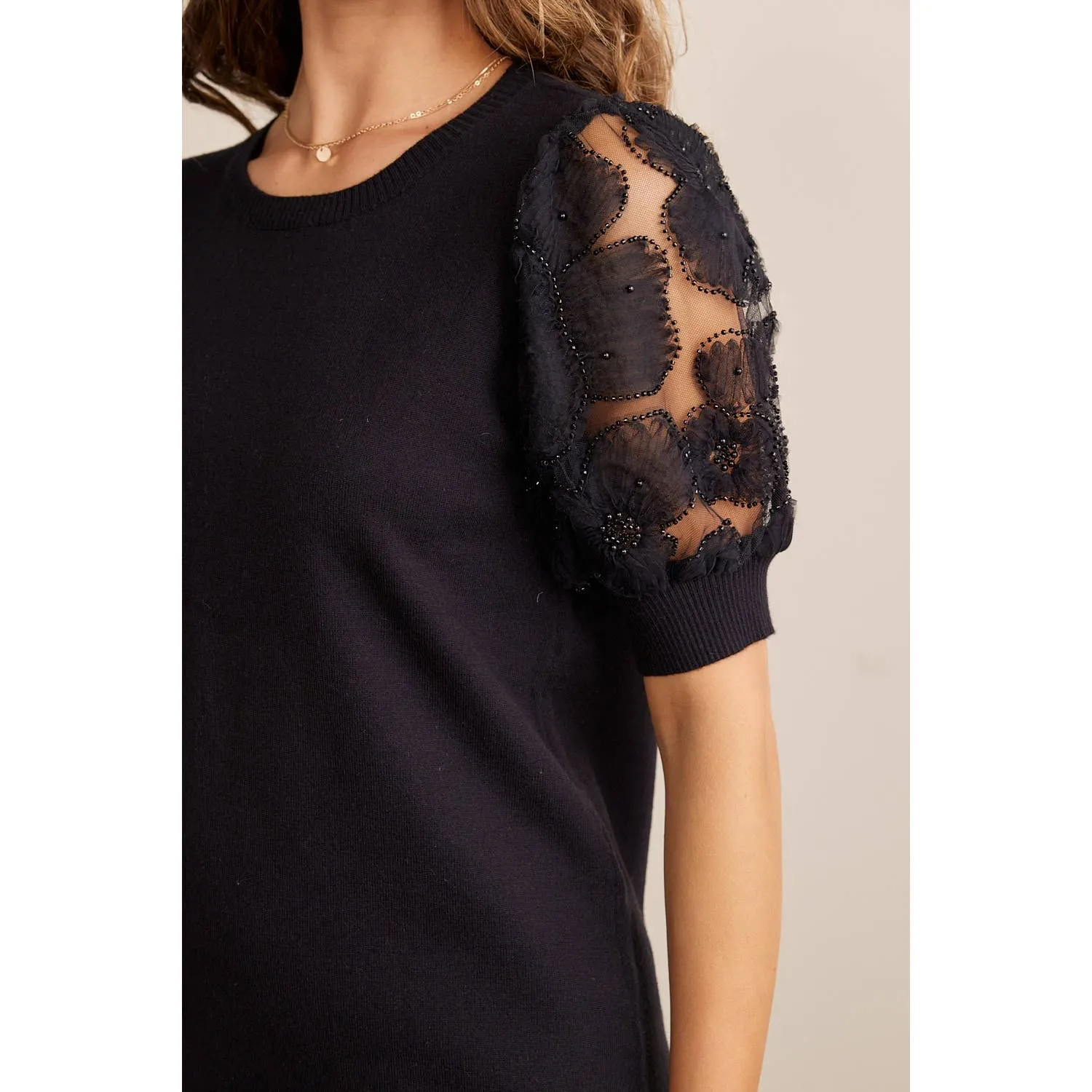 Super Soft Mini Sweater Dress With Sheer Floral Mesh Sleeves