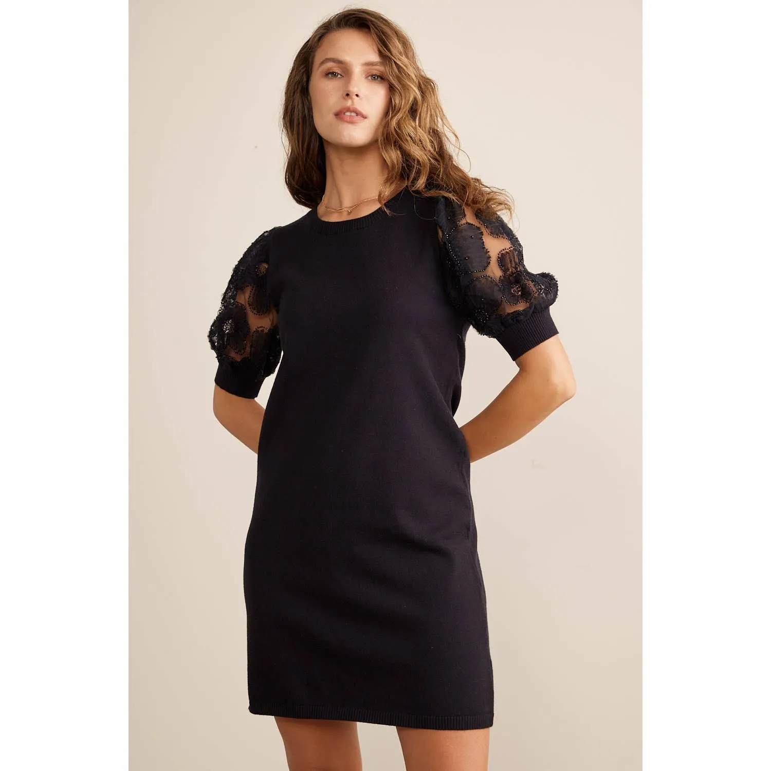 Super Soft Mini Sweater Dress With Sheer Floral Mesh Sleeves