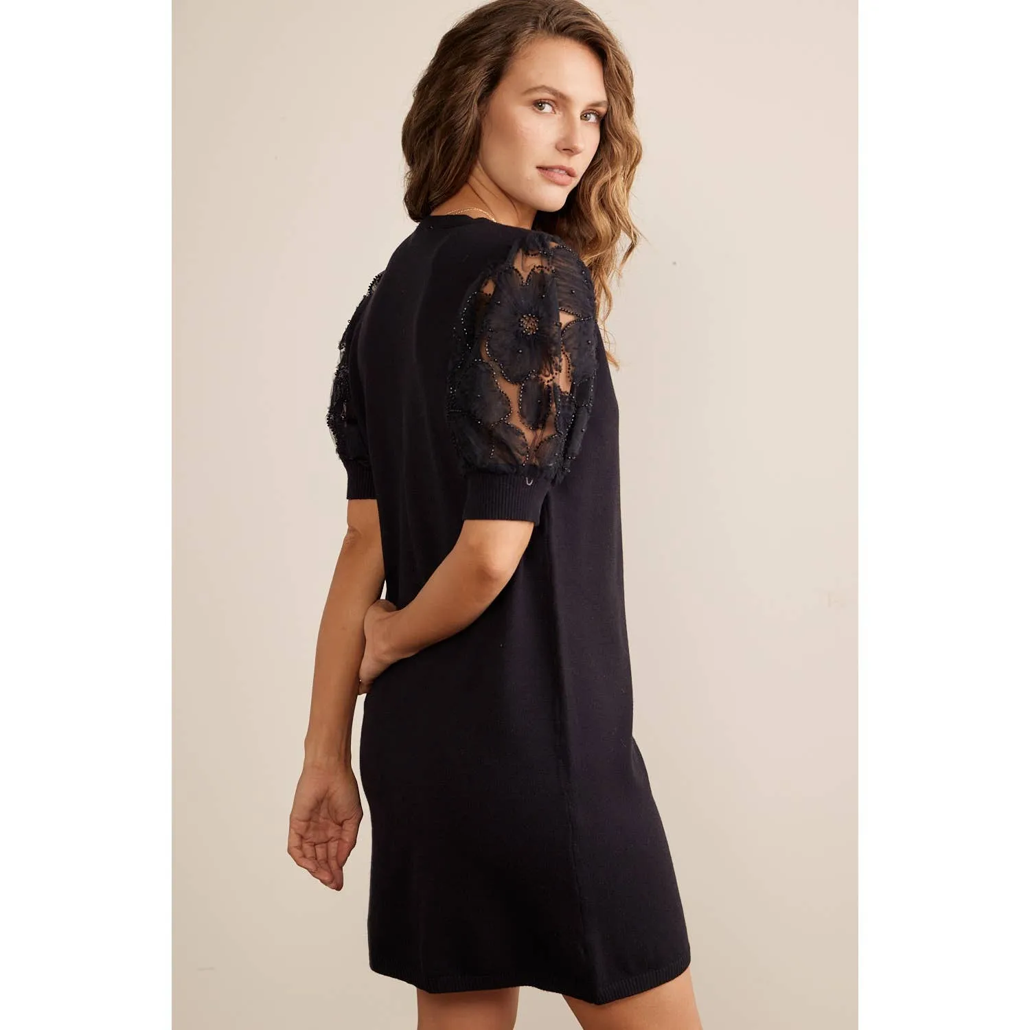 Super Soft Mini Sweater Dress With Sheer Floral Mesh Sleeves
