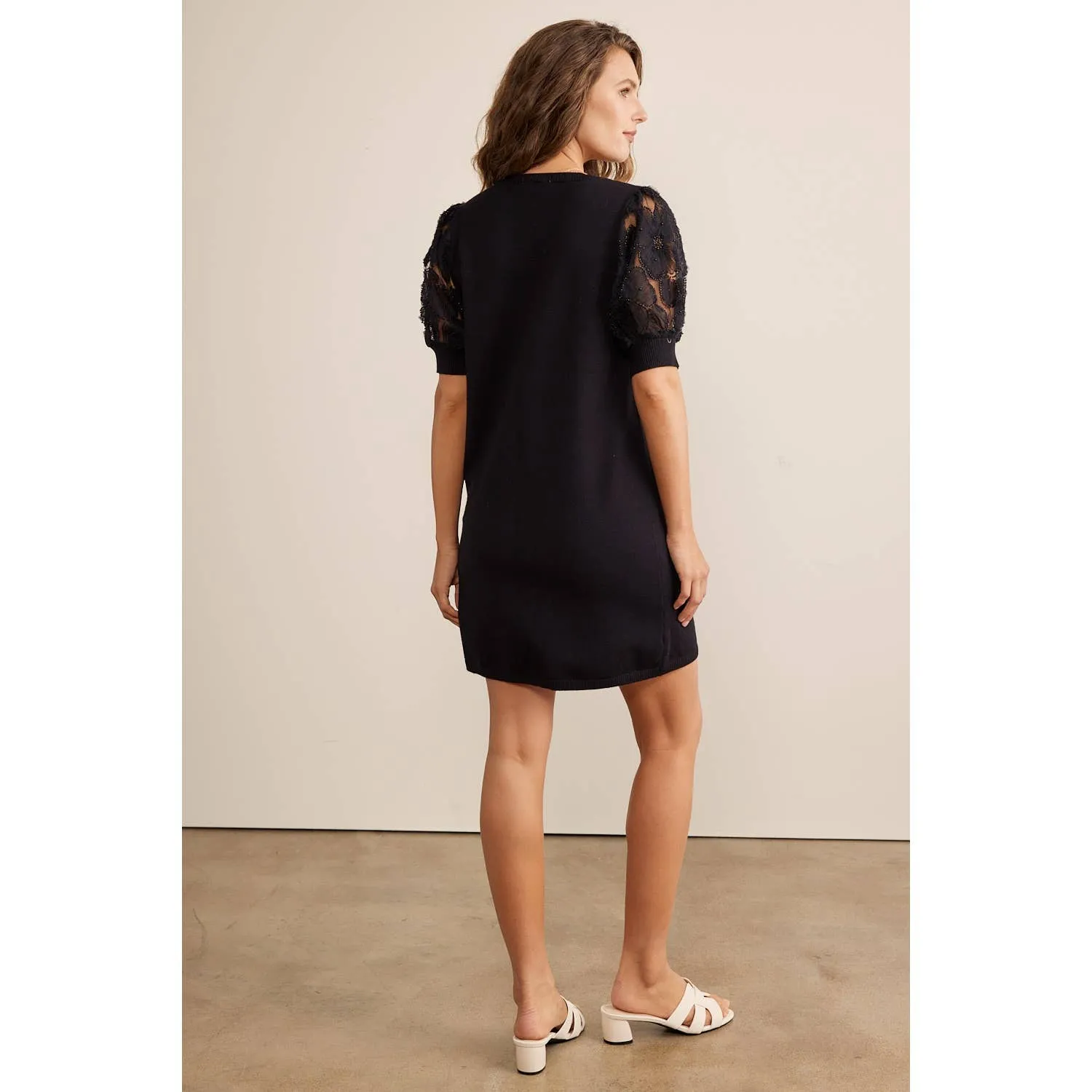 Super Soft Mini Sweater Dress With Sheer Floral Mesh Sleeves