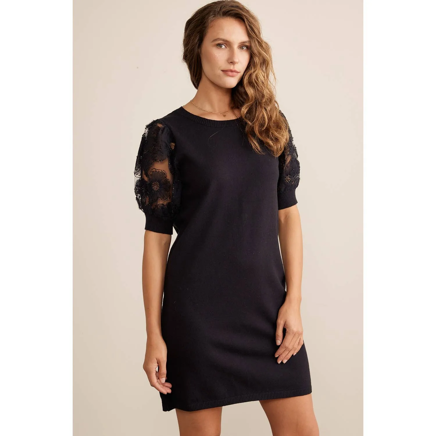 Super Soft Mini Sweater Dress With Sheer Floral Mesh Sleeves