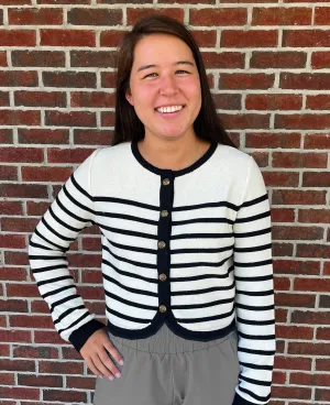 Sweater - Ivory and Black Striped Cardigan