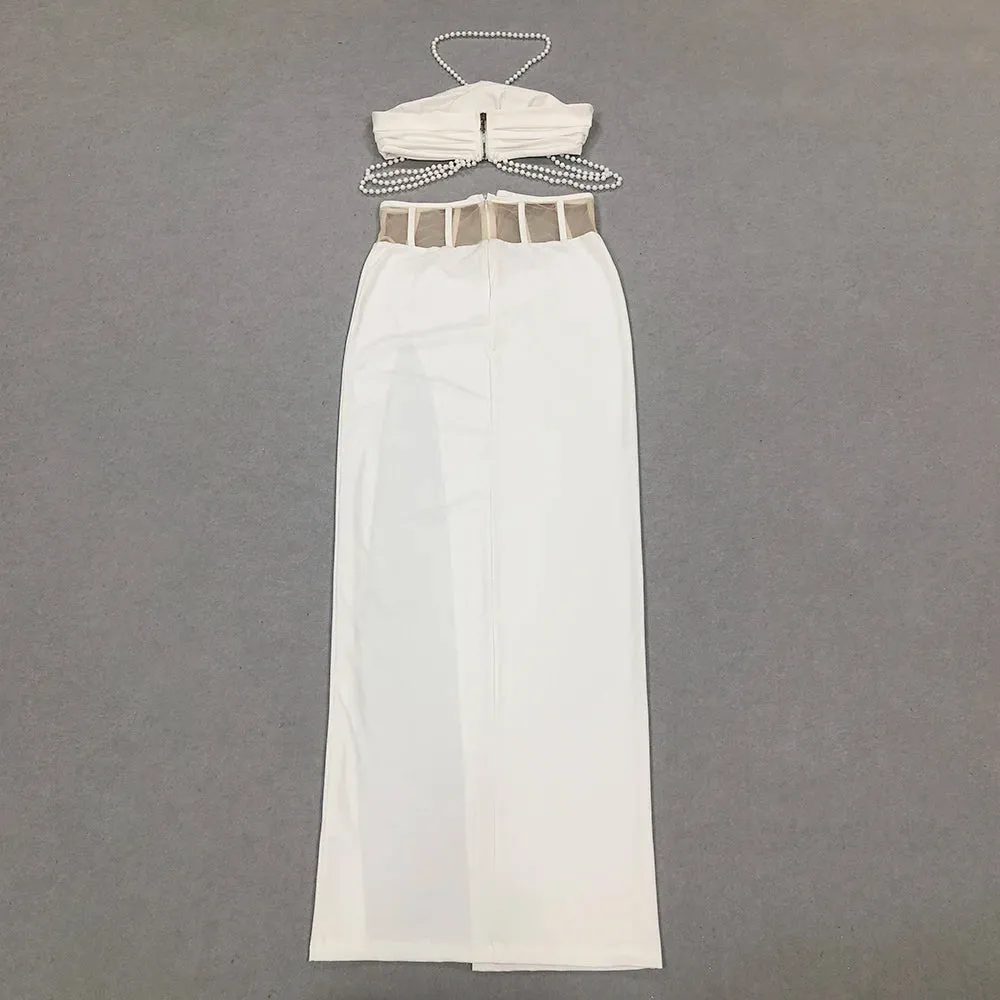 Trend4us Women's Flower Pearl Chain Top Skirt Set