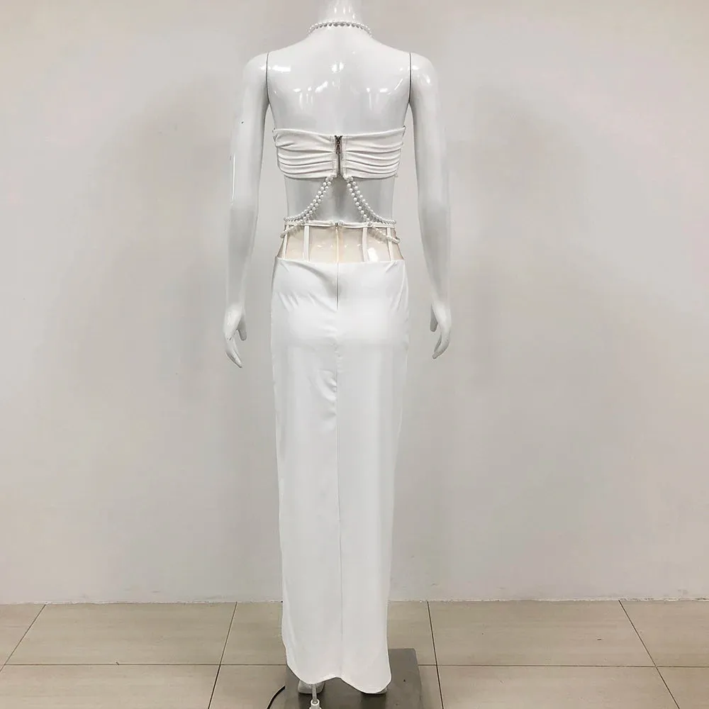 Trend4us Women's Flower Pearl Chain Top Skirt Set