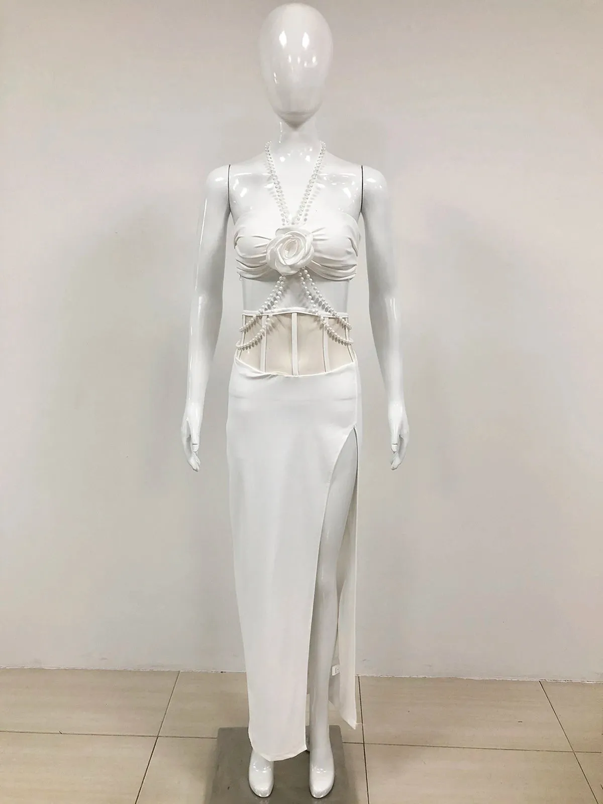 Trend4us Women's Flower Pearl Chain Top Skirt Set
