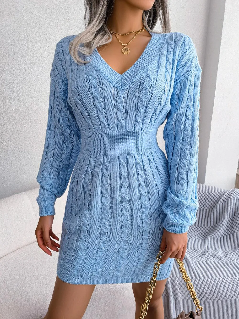Twist Waist Sweater Dress - Lantern Sleeve, Fall/Winter
