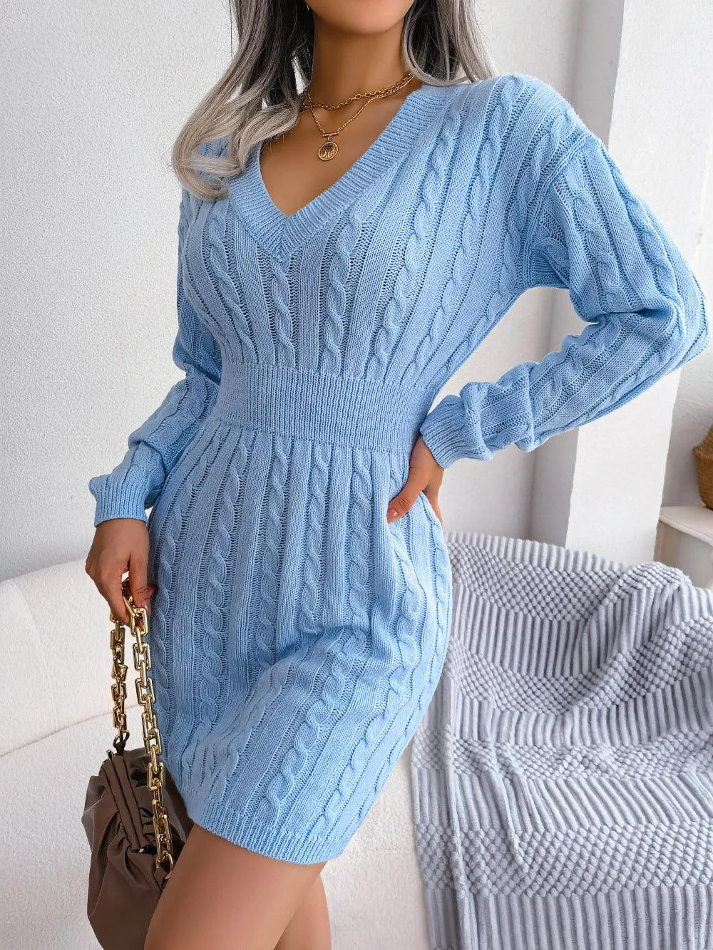 Twist Waist Sweater Dress - Lantern Sleeve, Fall/Winter