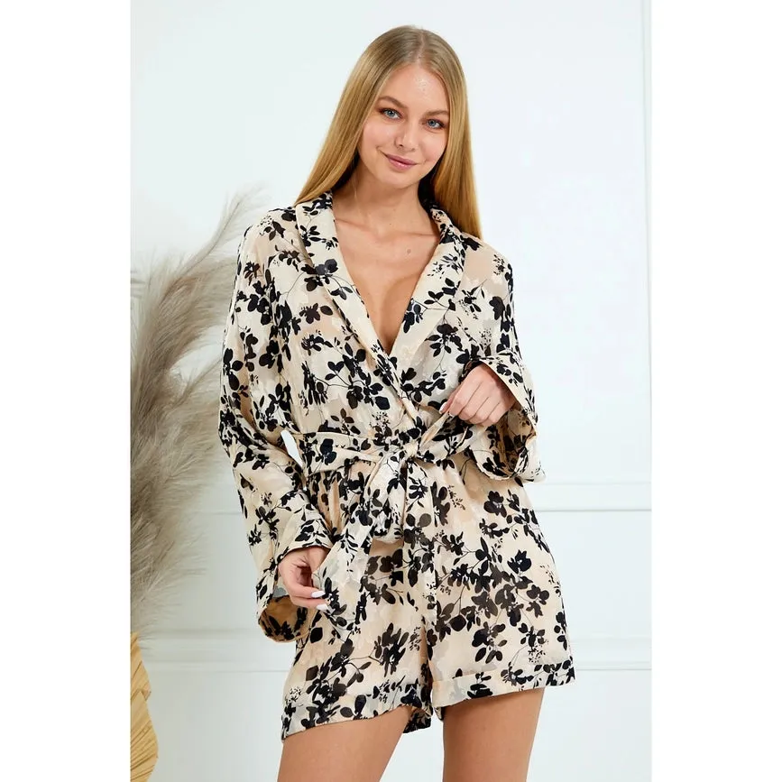 V Neck Floral Print Ruffle Wrap Romper Long Sleeve KHAKI