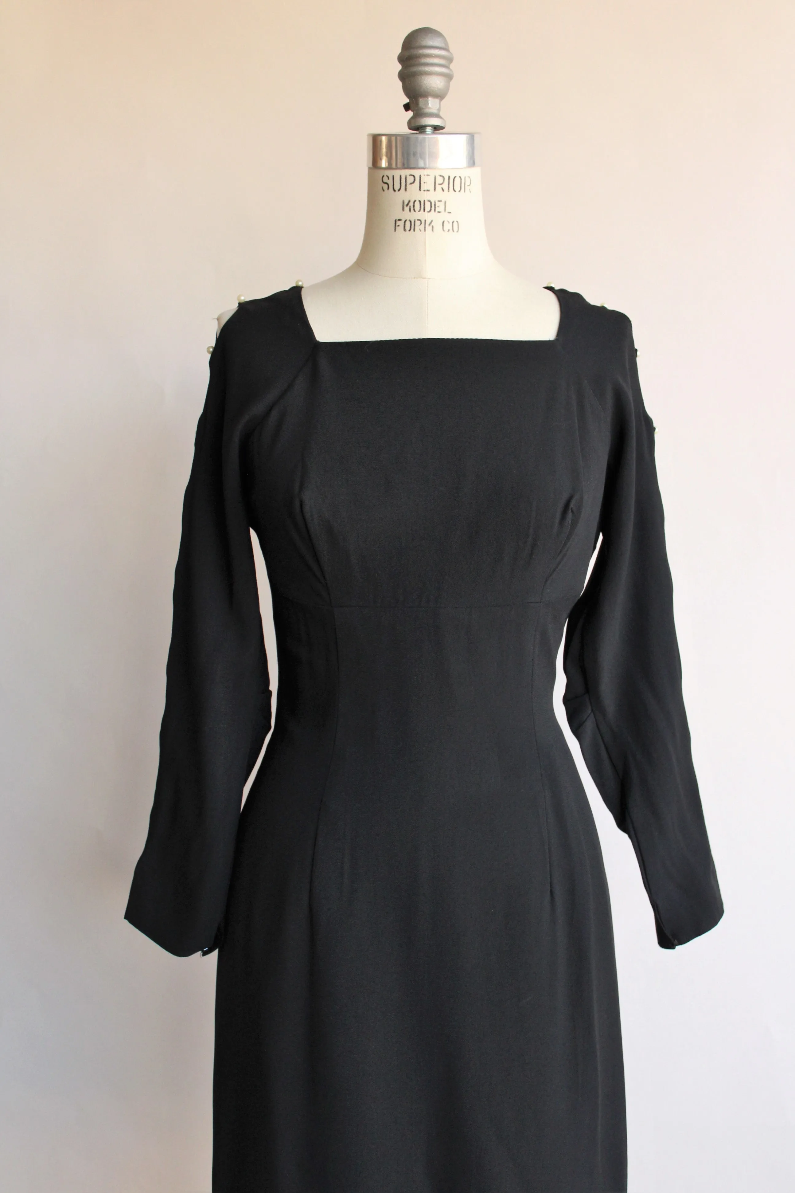Vintage 1960s Black Dress With Cold Shoulder And Pearl Details