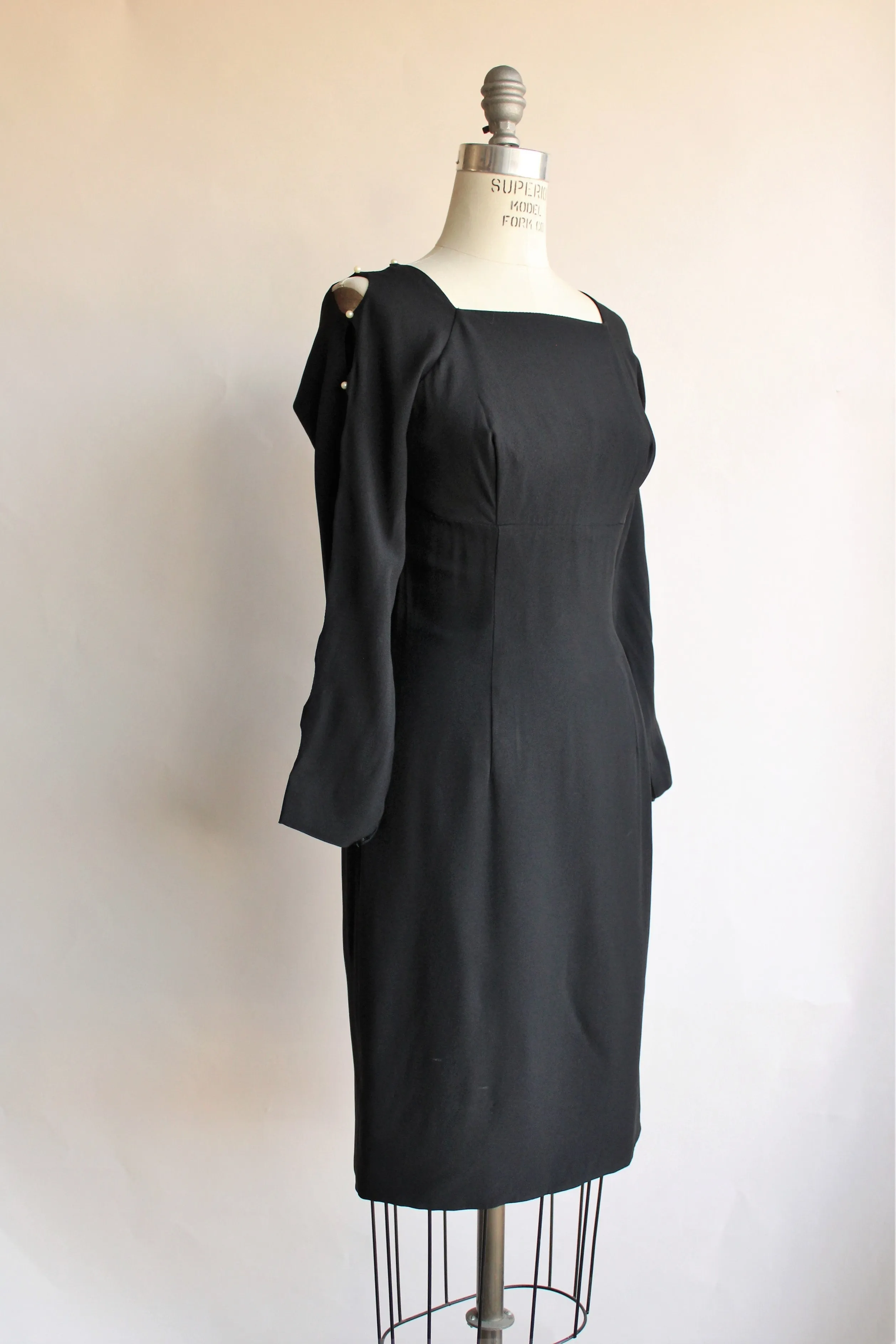 Vintage 1960s Black Dress With Cold Shoulder And Pearl Details
