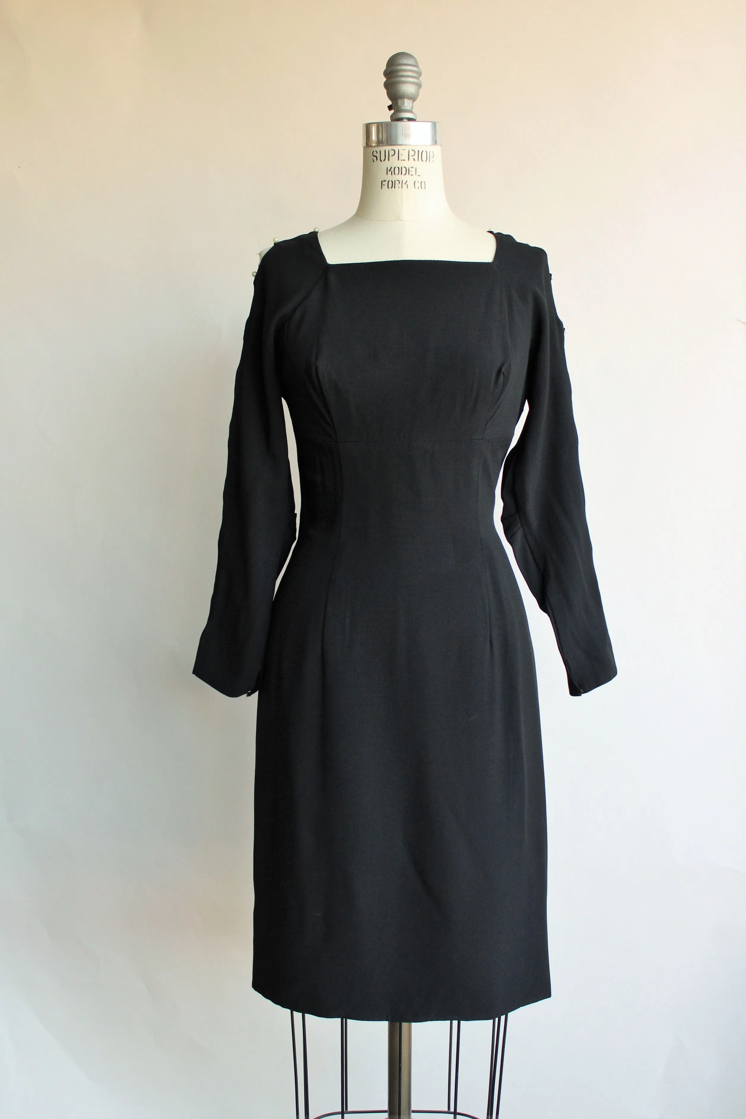 Vintage 1960s Black Dress With Cold Shoulder And Pearl Details