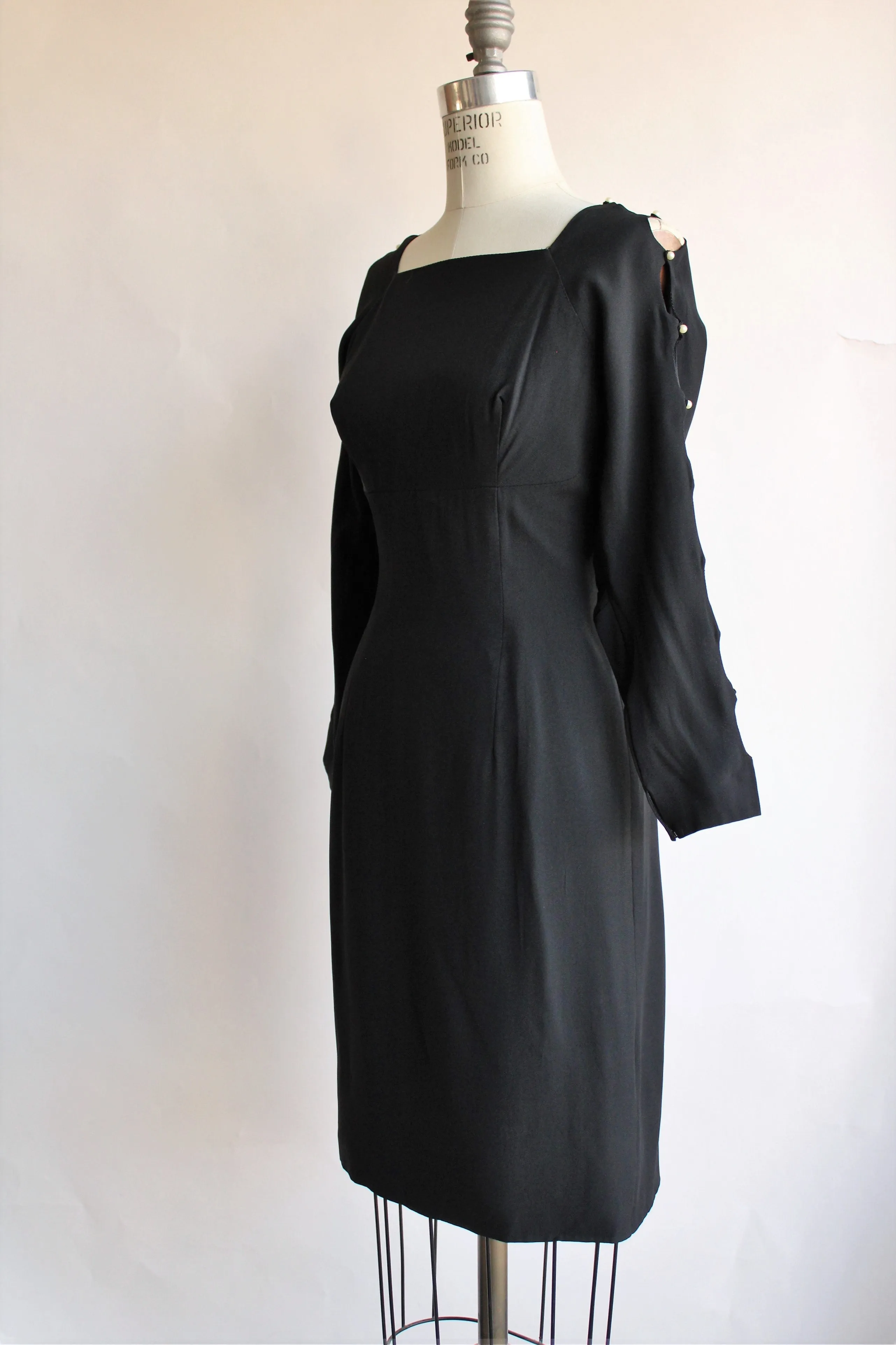 Vintage 1960s Black Dress With Cold Shoulder And Pearl Details