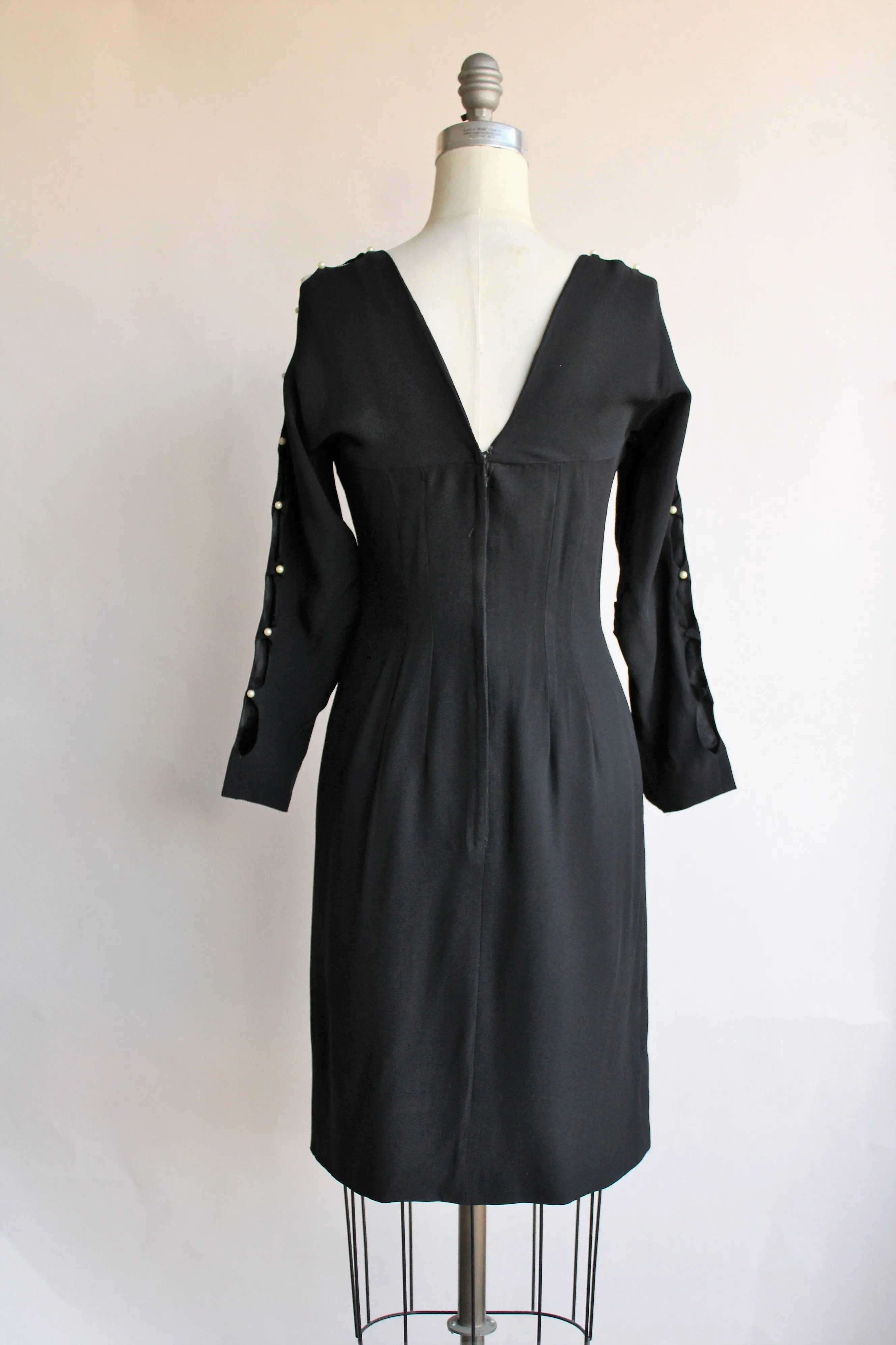 Vintage 1960s Black Dress With Cold Shoulder And Pearl Details