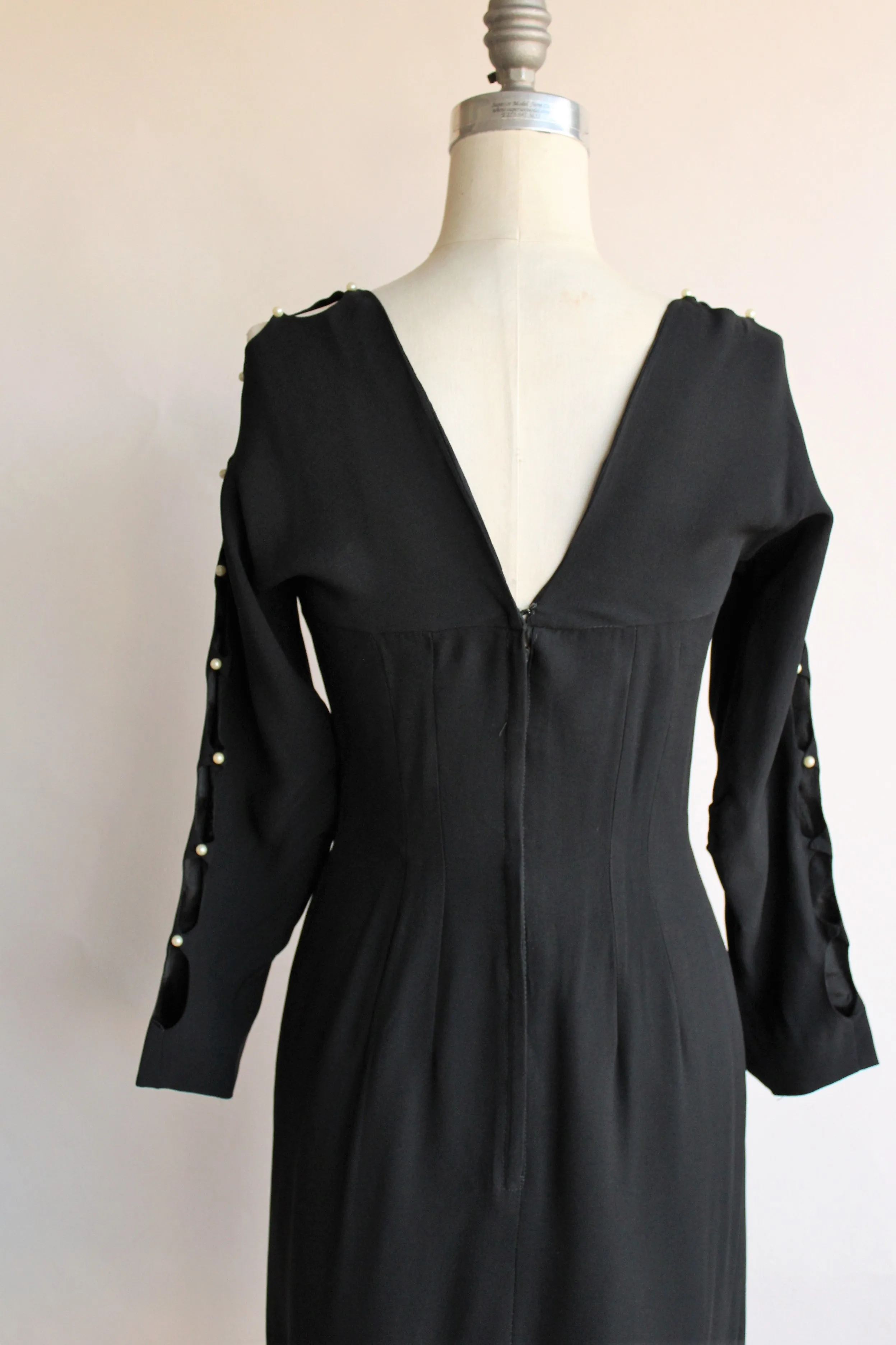 Vintage 1960s Black Dress With Cold Shoulder And Pearl Details