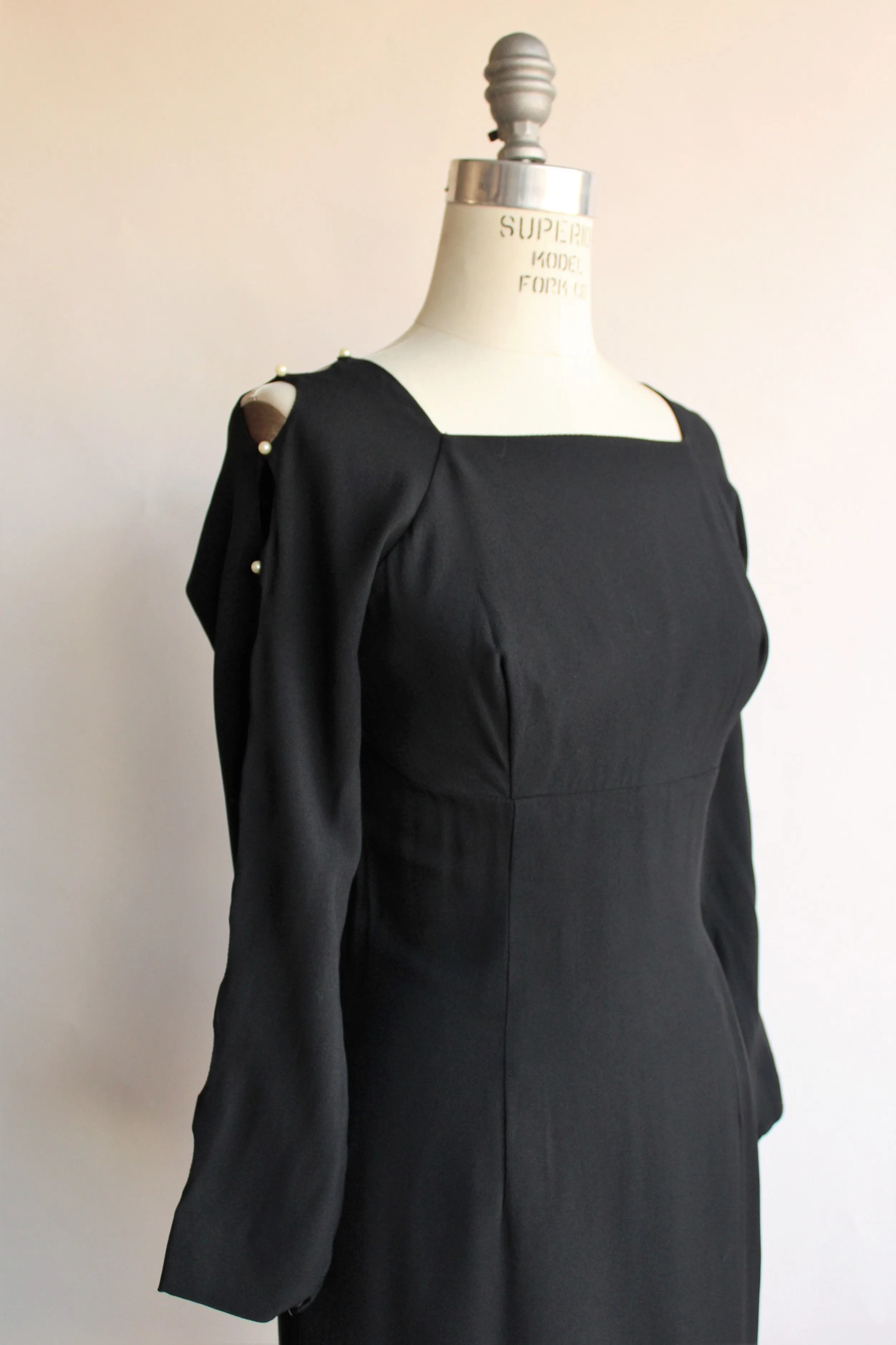 Vintage 1960s Black Dress With Cold Shoulder And Pearl Details
