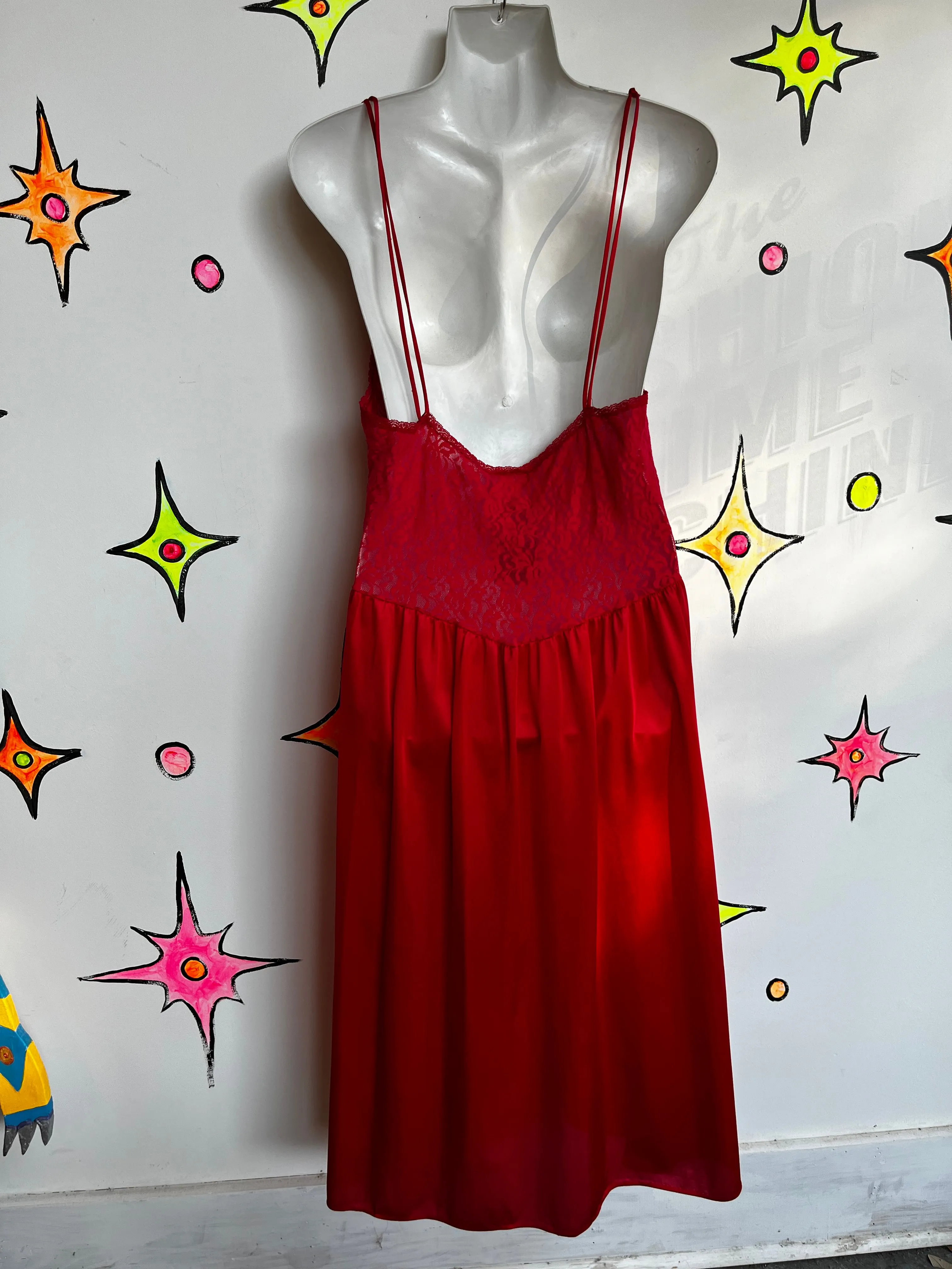 Vintage 80s | Red Lace Beaded Slip Nighty Mini Dress | Size Large