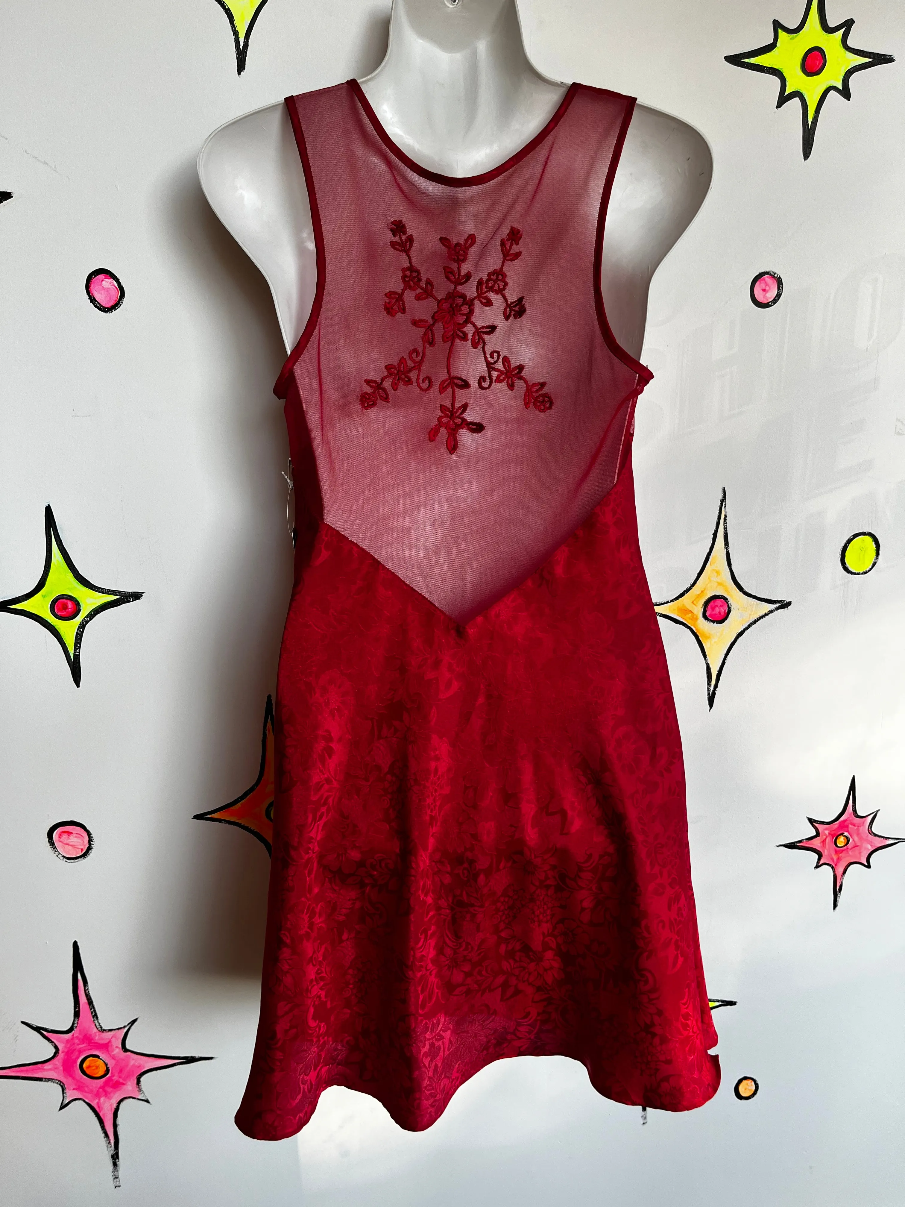 Vintage 90s | Red Silky Slip Mini Dress | Size Small