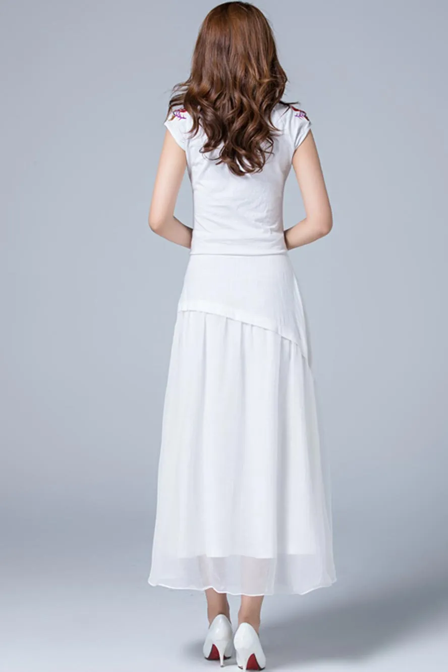 white layered maxi linen skirt 1781#