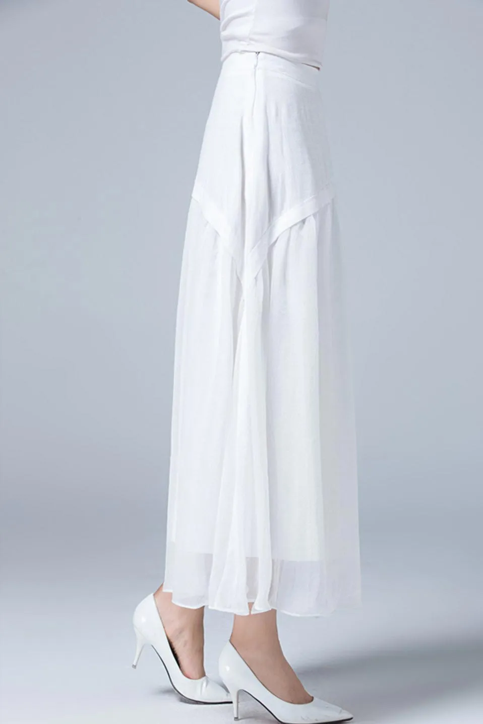 white layered maxi linen skirt 1781#