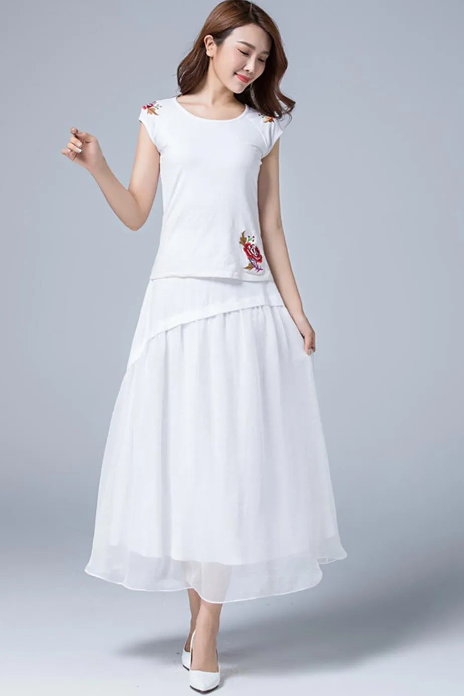 white layered maxi linen skirt 1781#