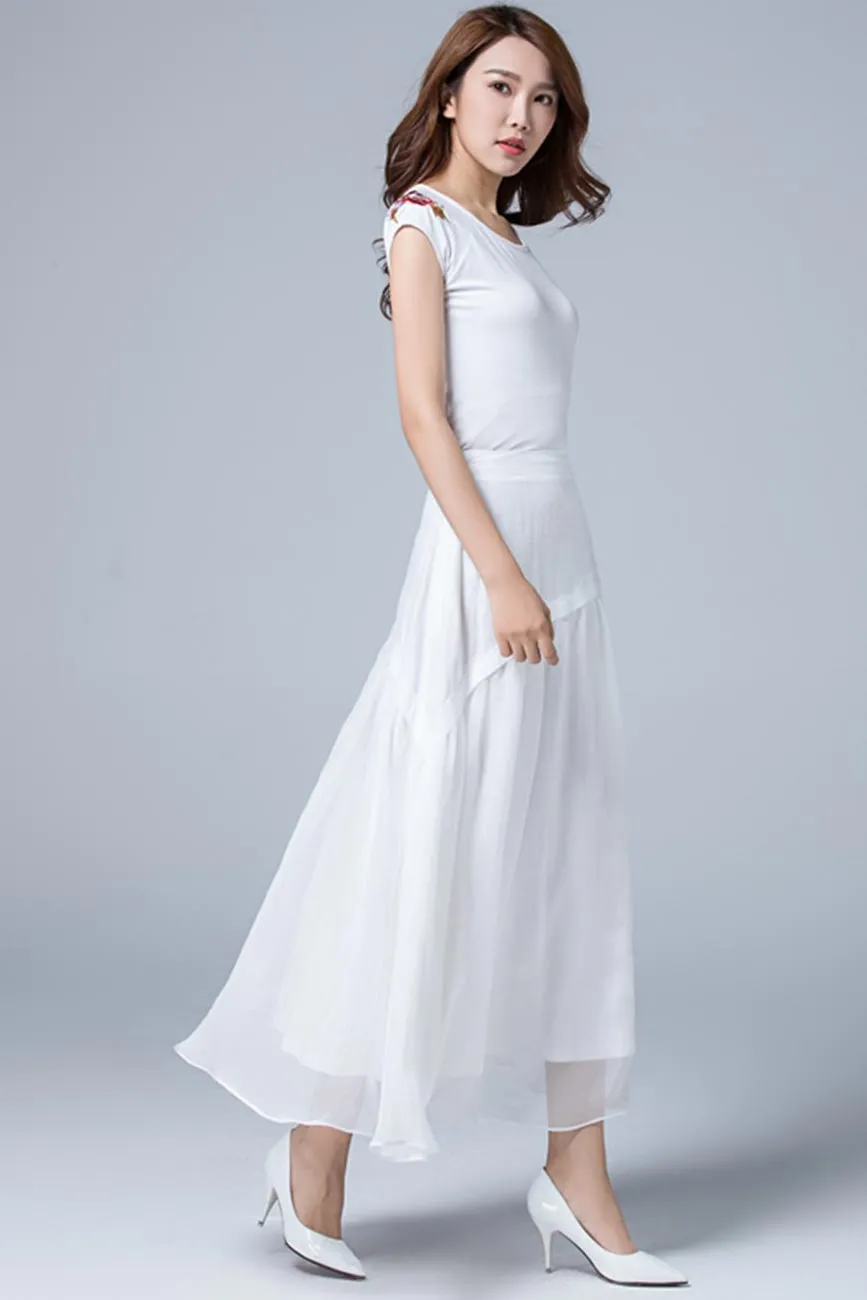 white layered maxi linen skirt 1781#