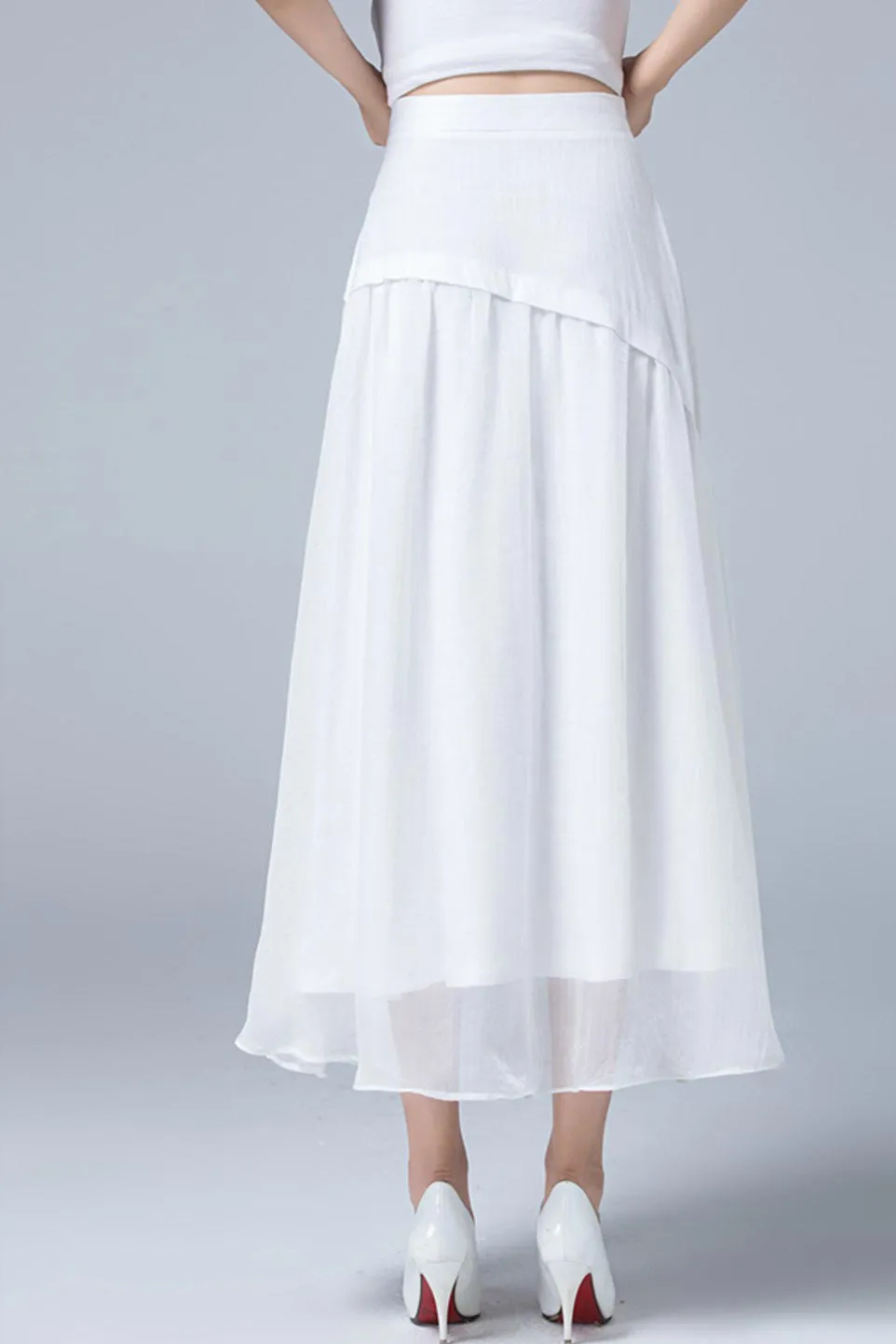 white layered maxi linen skirt 1781#