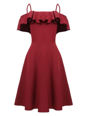 Wine Red 1950s Ruffle Cold Shoulder Dress