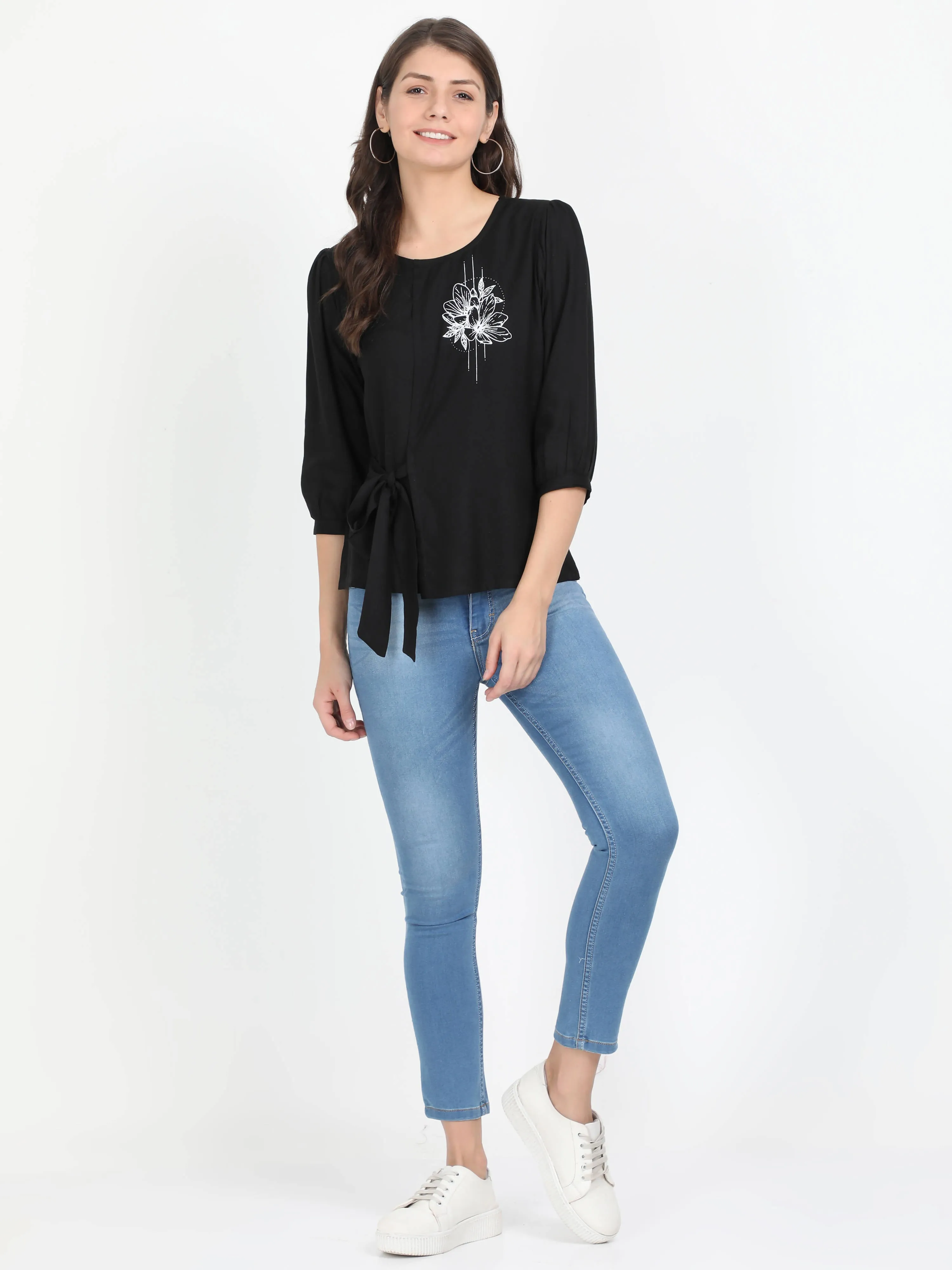 Women Black Single flower print casual Short Top