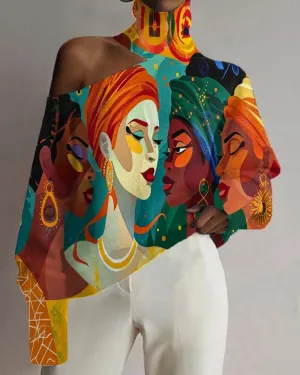 Women's Black Ethnic Style Color Patchwork Casual Print Off-shoulder Top