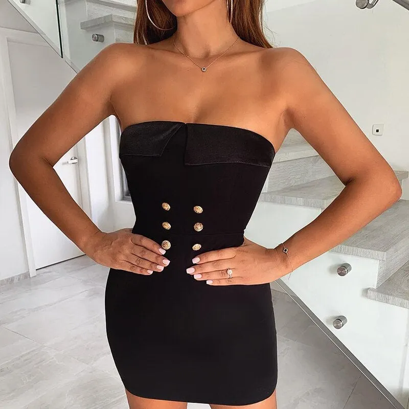 Women's Casual Strapless Solid Dress With Buttons