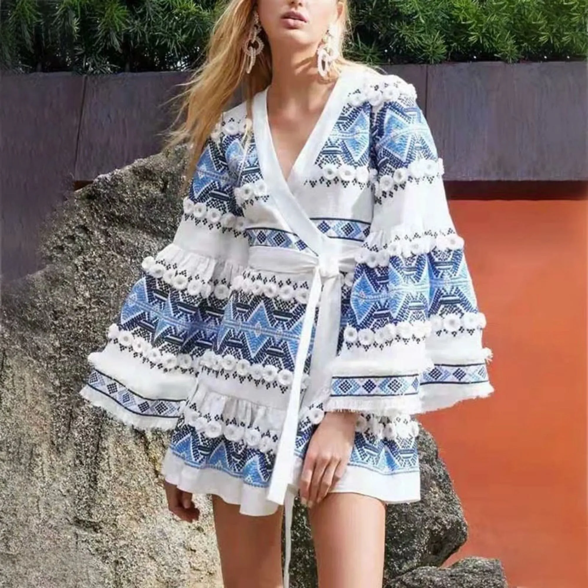 Women's Casual V-Neck Long-Sleeved High-Waist Dress