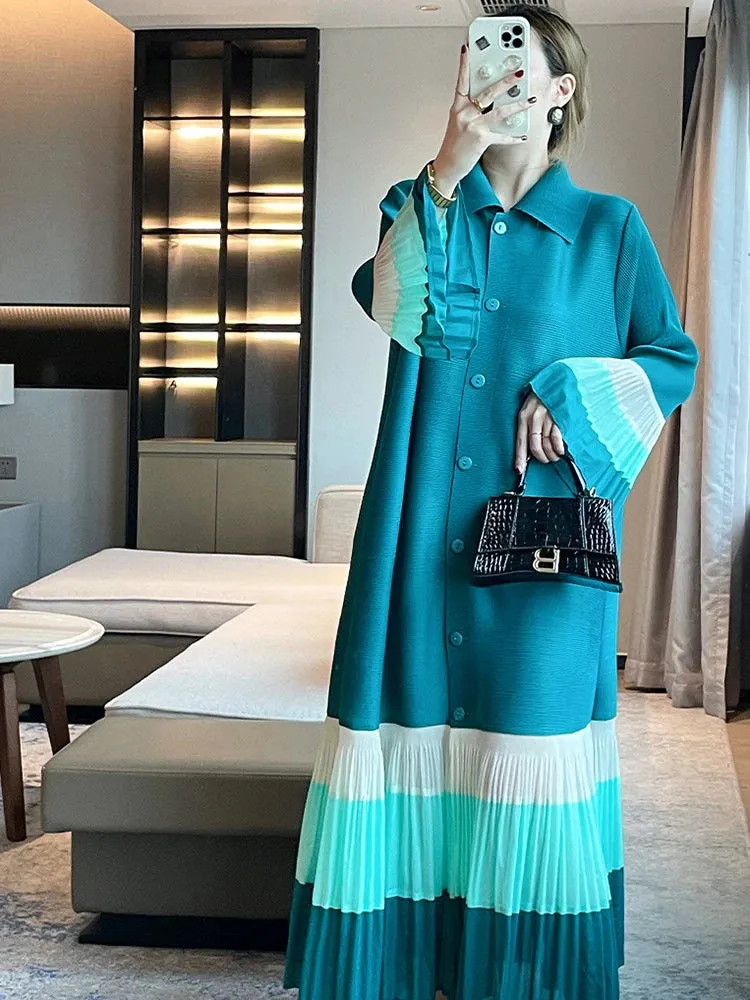 Women's Elegant Multi-Shade Teal Pleated Dress