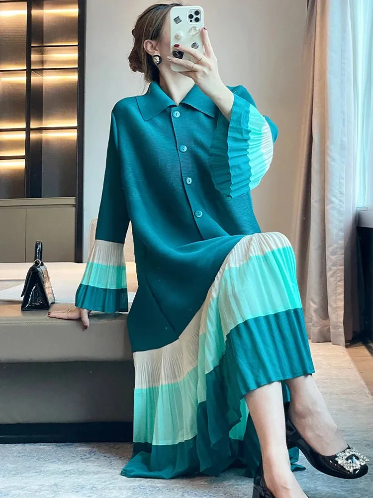 Women's Elegant Multi-Shade Teal Pleated Dress