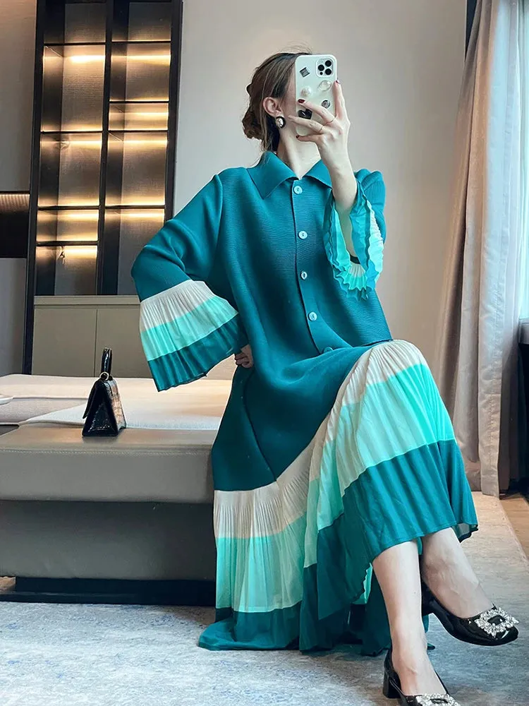 Women's Elegant Multi-Shade Teal Pleated Dress