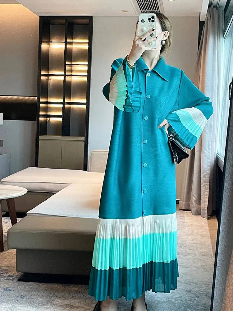 Women's Elegant Multi-Shade Teal Pleated Dress