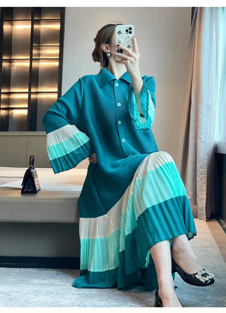 Women's Elegant Multi-Shade Teal Pleated Dress