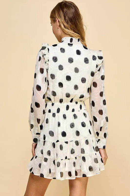 Women's Long Sleeved Polka Dot Mini Smocked Waist Dress