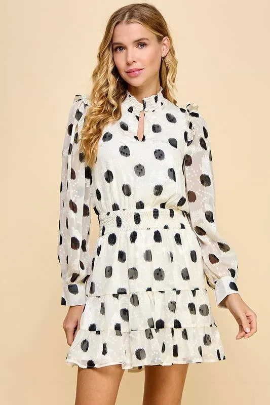 Women's Long Sleeved Polka Dot Mini Smocked Waist Dress