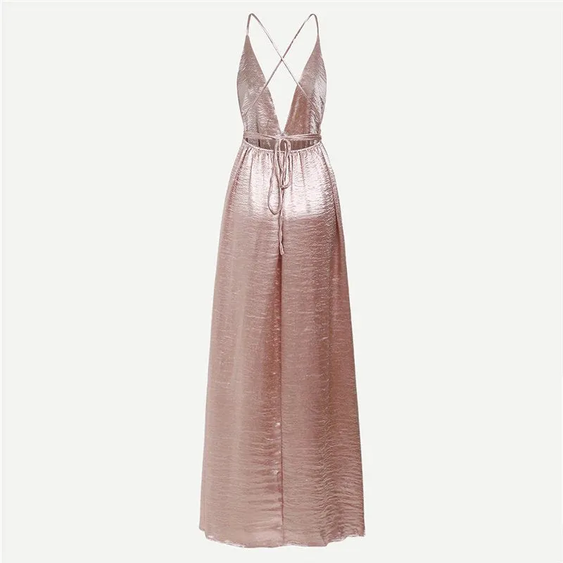 Women's Summer Cross Back Maxi Dress With High Slit