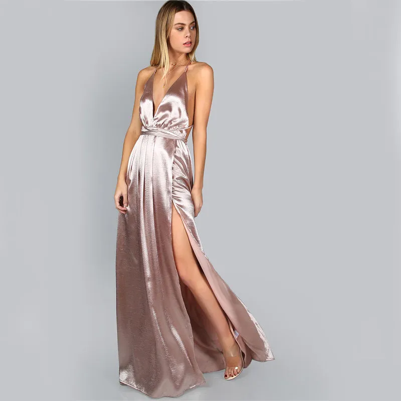 Women's Summer Cross Back Maxi Dress With High Slit