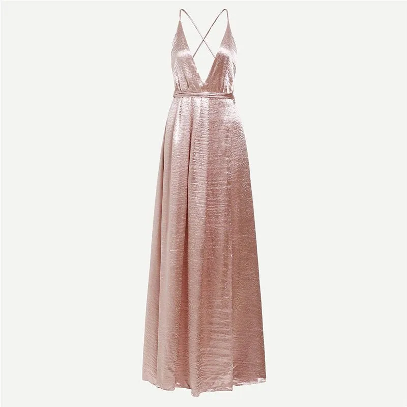 Women's Summer Cross Back Maxi Dress With High Slit