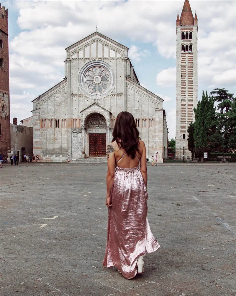Women's Summer Cross Back Maxi Dress With High Slit