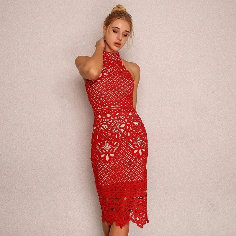 Women's Summer Sleeveless Bodycon Dress With Floral Lace
