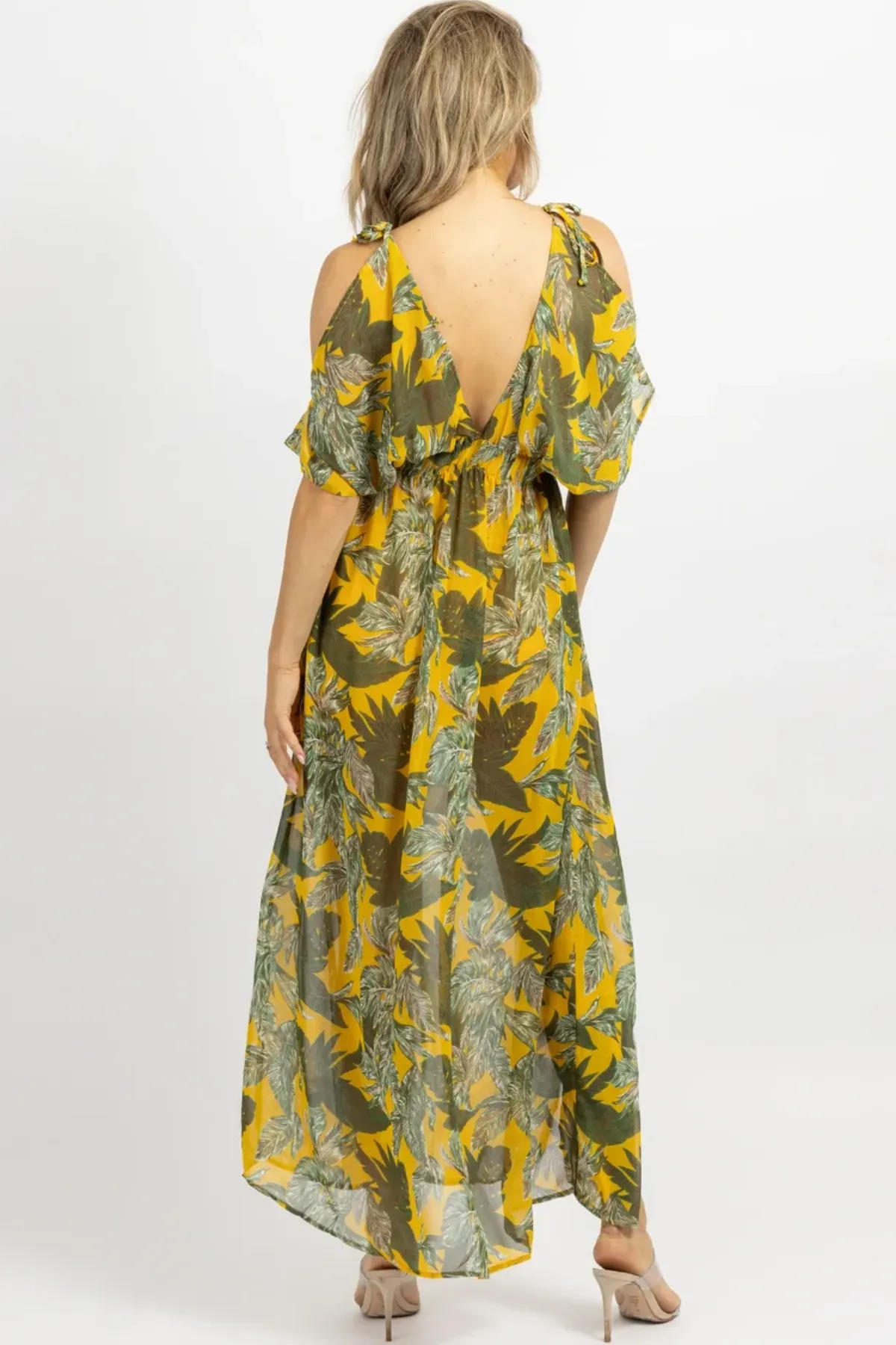 YELLOW PALM COLD SHOULDER MAXI DRESS